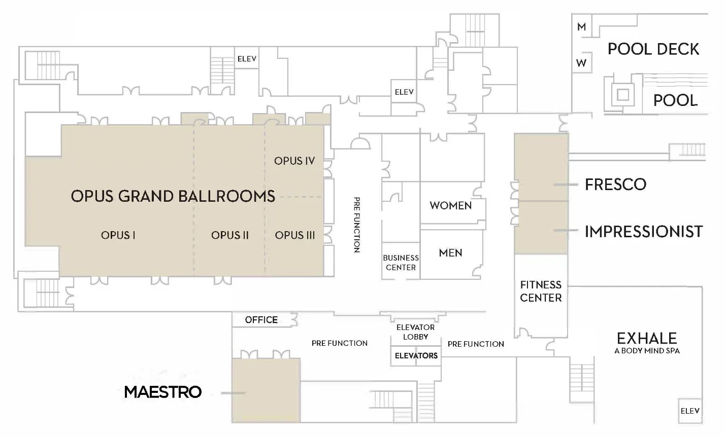 Hotel floor plan showing Opus Grand Ballrooms, Maestro, Fresco, Impressionist rooms, fitness center, spa, pool, and labeled restrooms and lobbies.