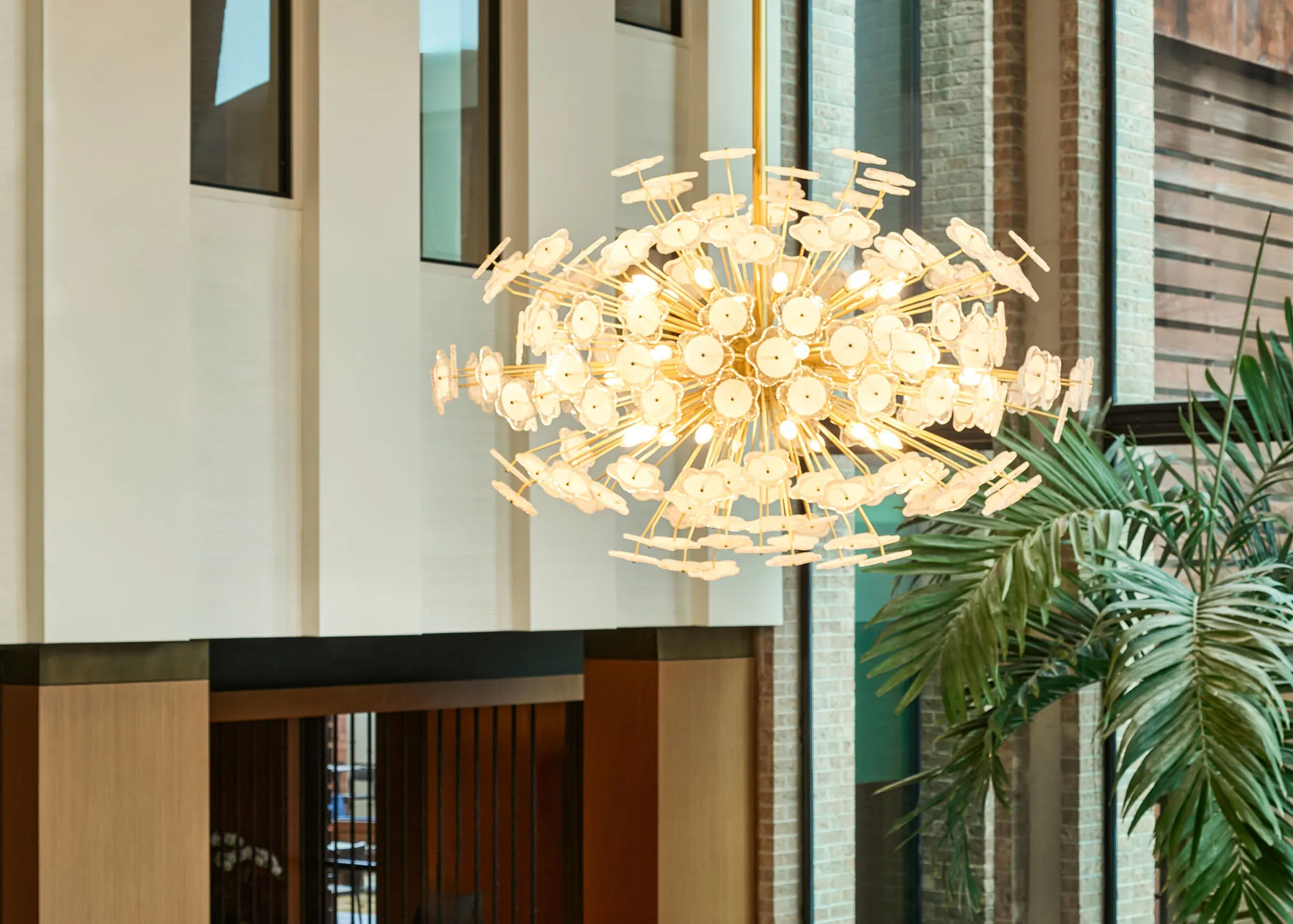 Modern spherical chandelier with many glowing bulbs hanging in a contemporary interior with tall windows, wood accents, and a large green plant nearby.