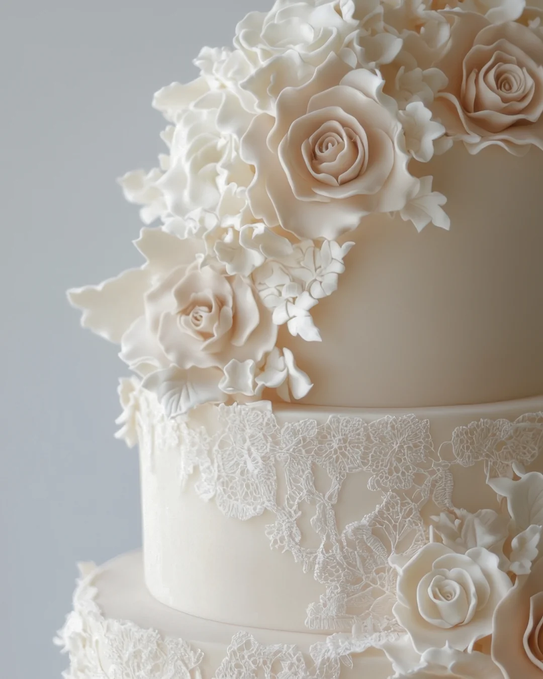 Close-up of an elegant multi-tiered wedding cake decorated with intricate lace detailing and delicate ivory sugar roses cascading down the sides. The design is soft, refined, and monochromatic against a light neutral background.